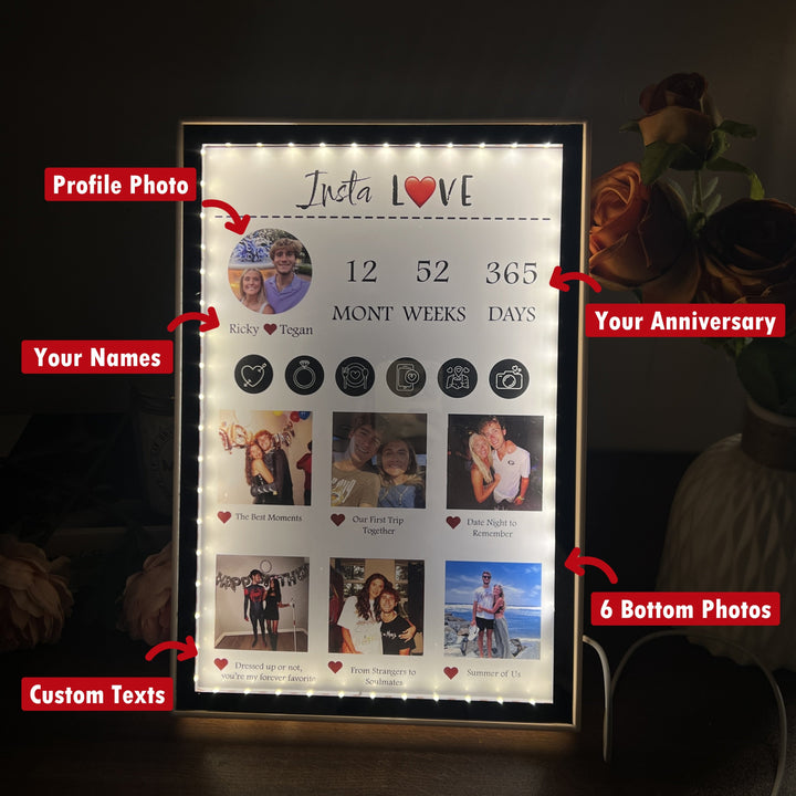 Boîte à lumière miroir Insta Love avec photos