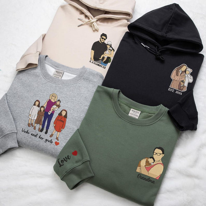 Pull brodé portrait personnalisé avec texte