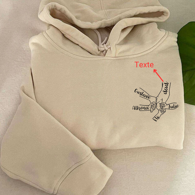 Hoodie Personnalisé avec Noms Brodés et Motif 'Tenir ta Main' – Cadeau Familial Unique