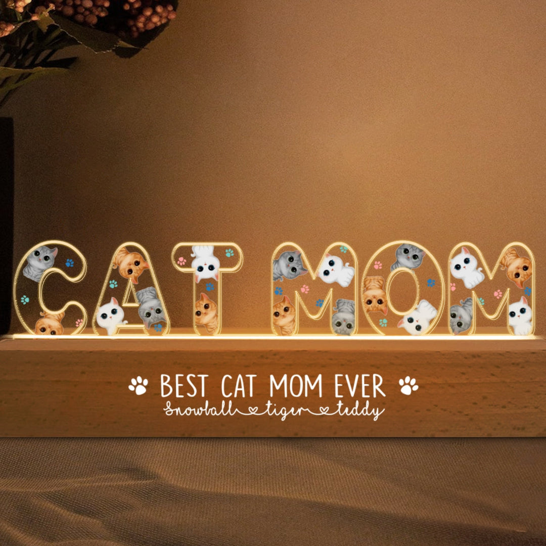 Veilleuse LED personnalisée pour maman chat avec aquarelle de chats mignons