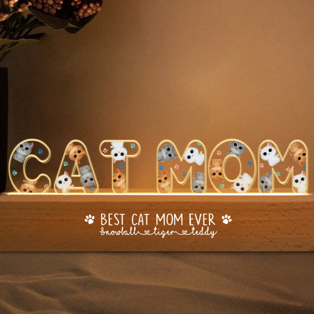 Veilleuse LED personnalisée pour maman chat avec aquarelle de chats mignons