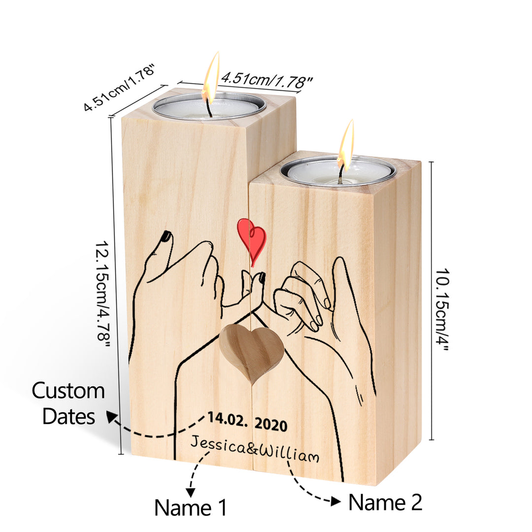 Bougeoir en Bois la main dans la main 2 Prénoms Personnalisé avec date sans bougie