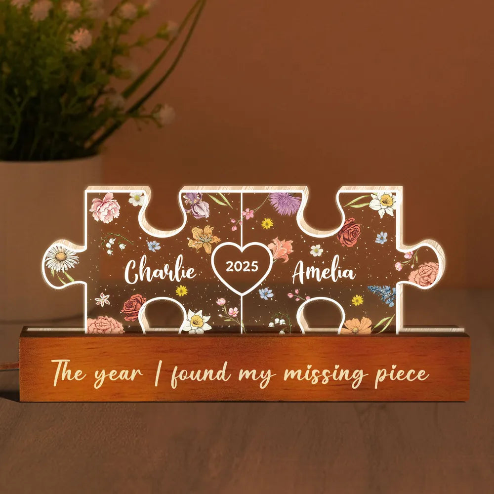You Are My Missing Piece-Veilleuse LED en acrylique personnalisée avec initiales de couple sur le thème floral