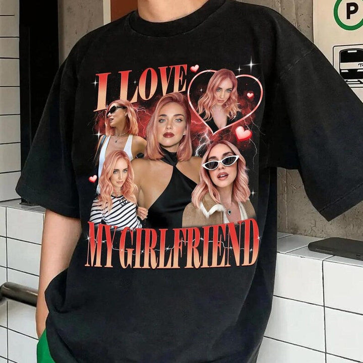 T-shirt foncé personnalisé avec photo « J'aime mon petit ami/ma petite amie » de style vintage pour couple
