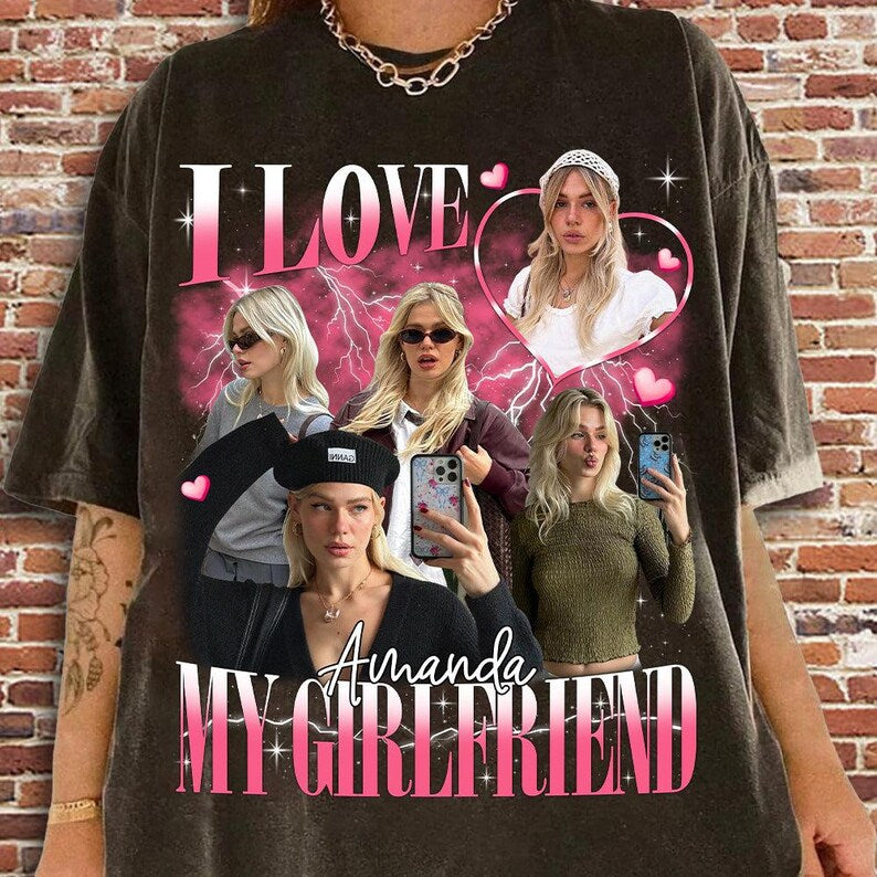 T-shirt foncé personnalisé avec photo « J'aime mon petit ami/ma petite amie » de style vintage pour couple