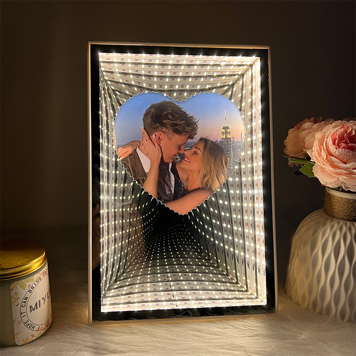 Cadre photo miroir 3D personnalisé en forme de cœur avec boîte lumineuse