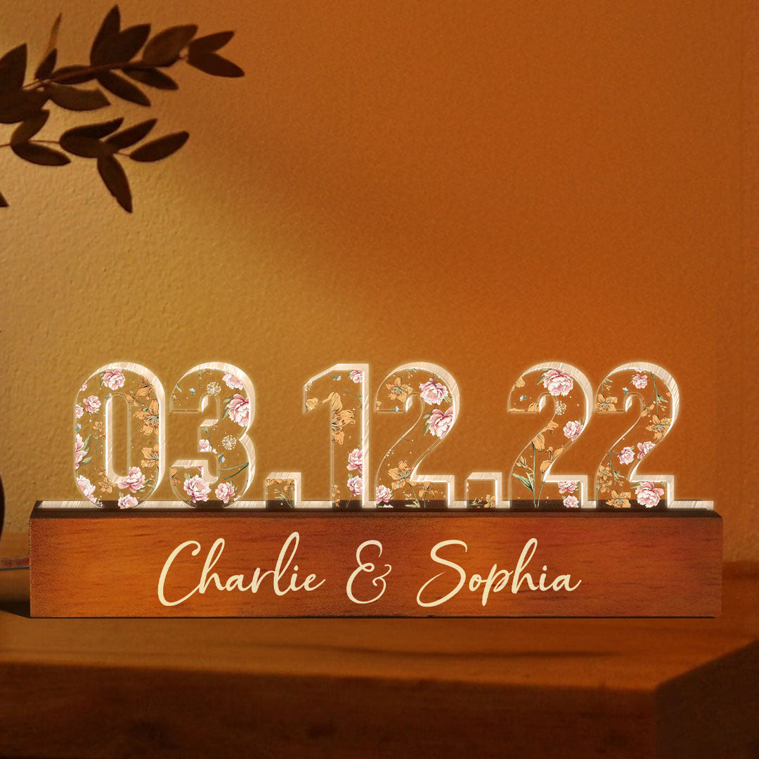 Veilleuse LED personnalisée avec imprimé floral pour couple, fiançailles, anniversaire