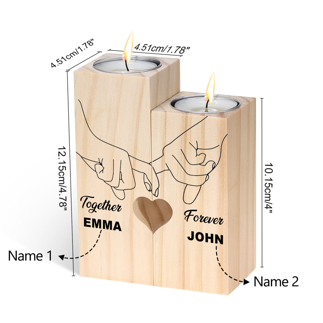 Bougeoir en Bois la main dans la main 2 Prénoms Personnalisé sans bougie