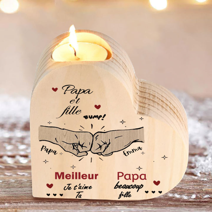 Papa et fille - Bougeoir Poings personnalisé en forme de coeur en Bois sans bougie 2 Prénoms Personnalisés