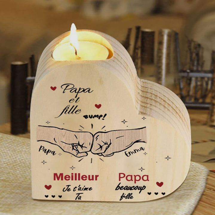 Papa et fille - Bougeoir Poings personnalisé en forme de coeur en Bois sans bougie 2 Prénoms Personnalisés