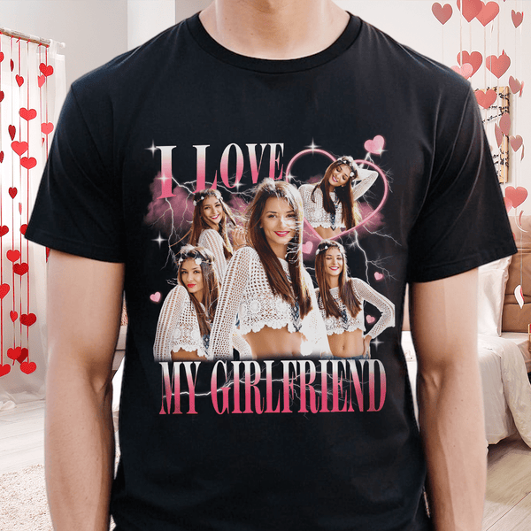 T-shirt foncé personnalisé avec photo « J'aime mon petit ami/ma petite amie » de style vintage pour couple