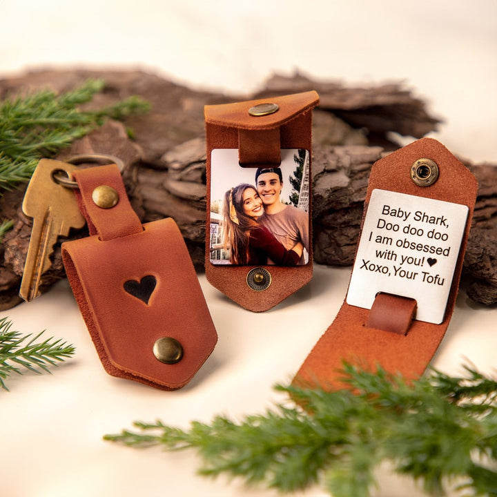 Porte-clés en cuir, Photo Personnalisée avec Texte en métal