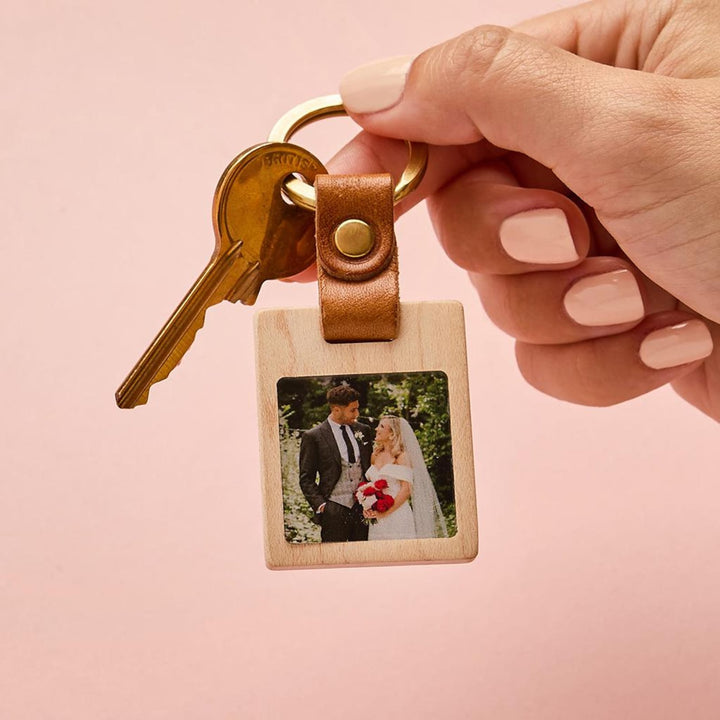 Porte-clés photo personnalisé en bois & cuir – Cadeau pour la Fête des Pères