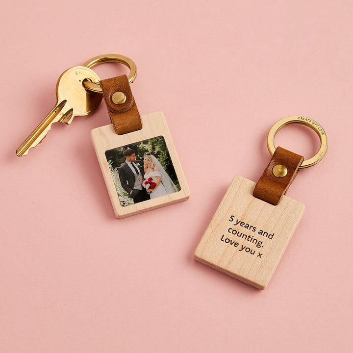 Porte-clés photo personnalisé en bois & cuir – Cadeau pour la Fête des Pères