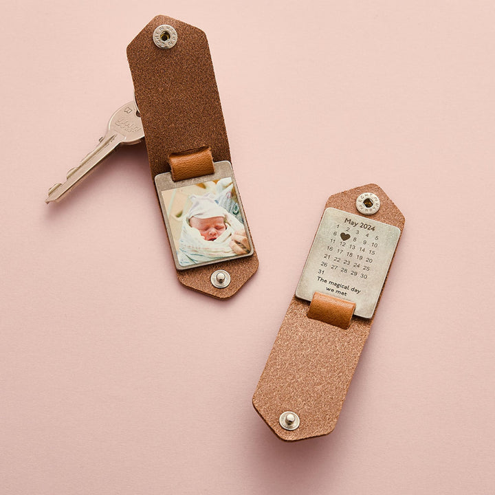 Porte-clés photo en cuir personnalisé avec calendrier - Cadeau pour la Fête des Pères