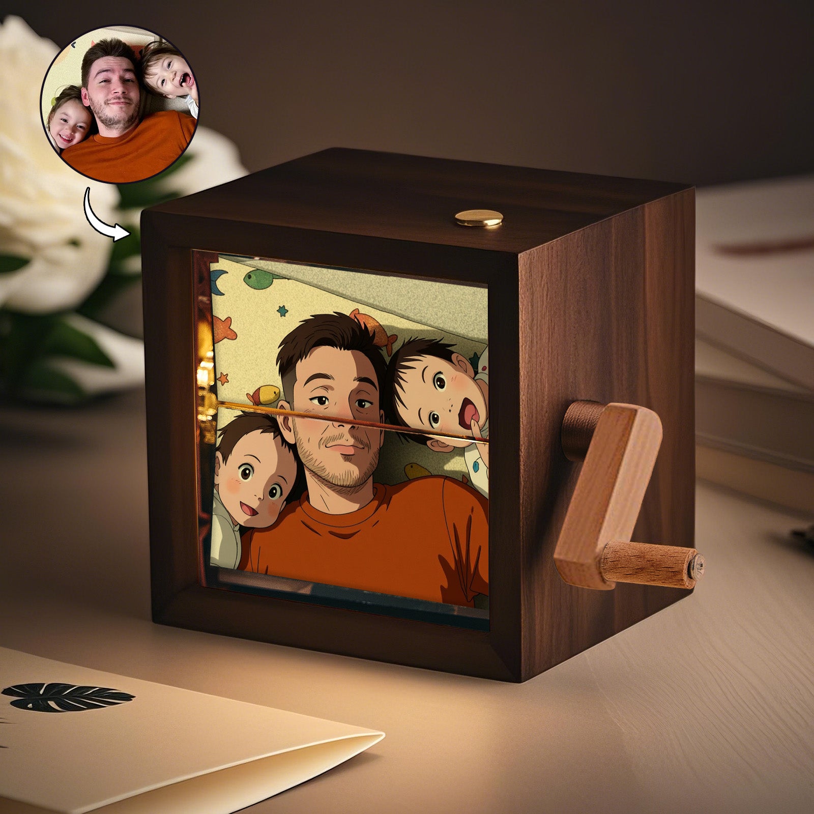 Cadre Photo Flipbook Mécanique - Boîte à Manivelle Avec Lumière LED - 16 Photos Personnalisables - DIY En Bois Noyer
