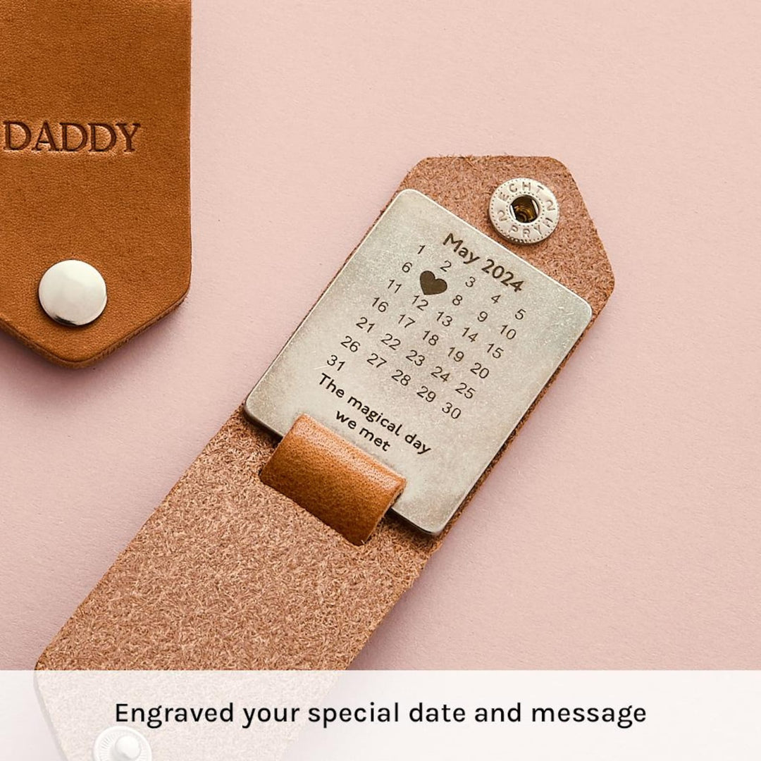 Porte-clés photo en cuir personnalisé avec calendrier - Cadeau pour la Fête des Pères
