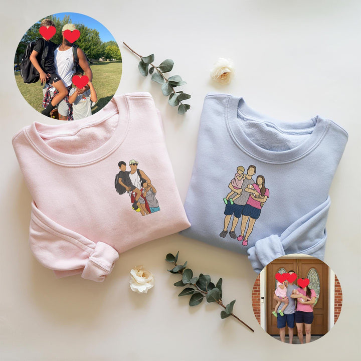 T-shirt brodé personnalisé avec portrait de maman/papa/famile