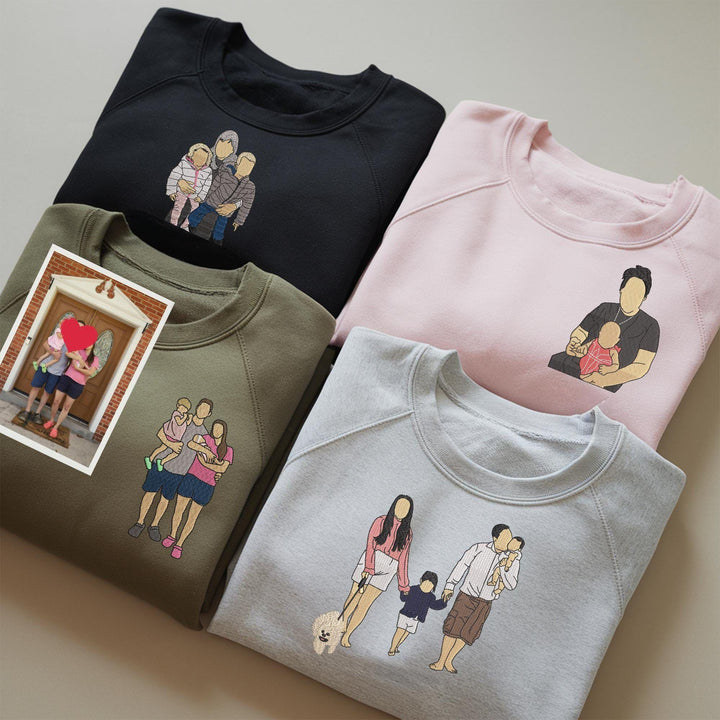 T-shirt brodé personnalisé avec portrait de maman/papa/famile