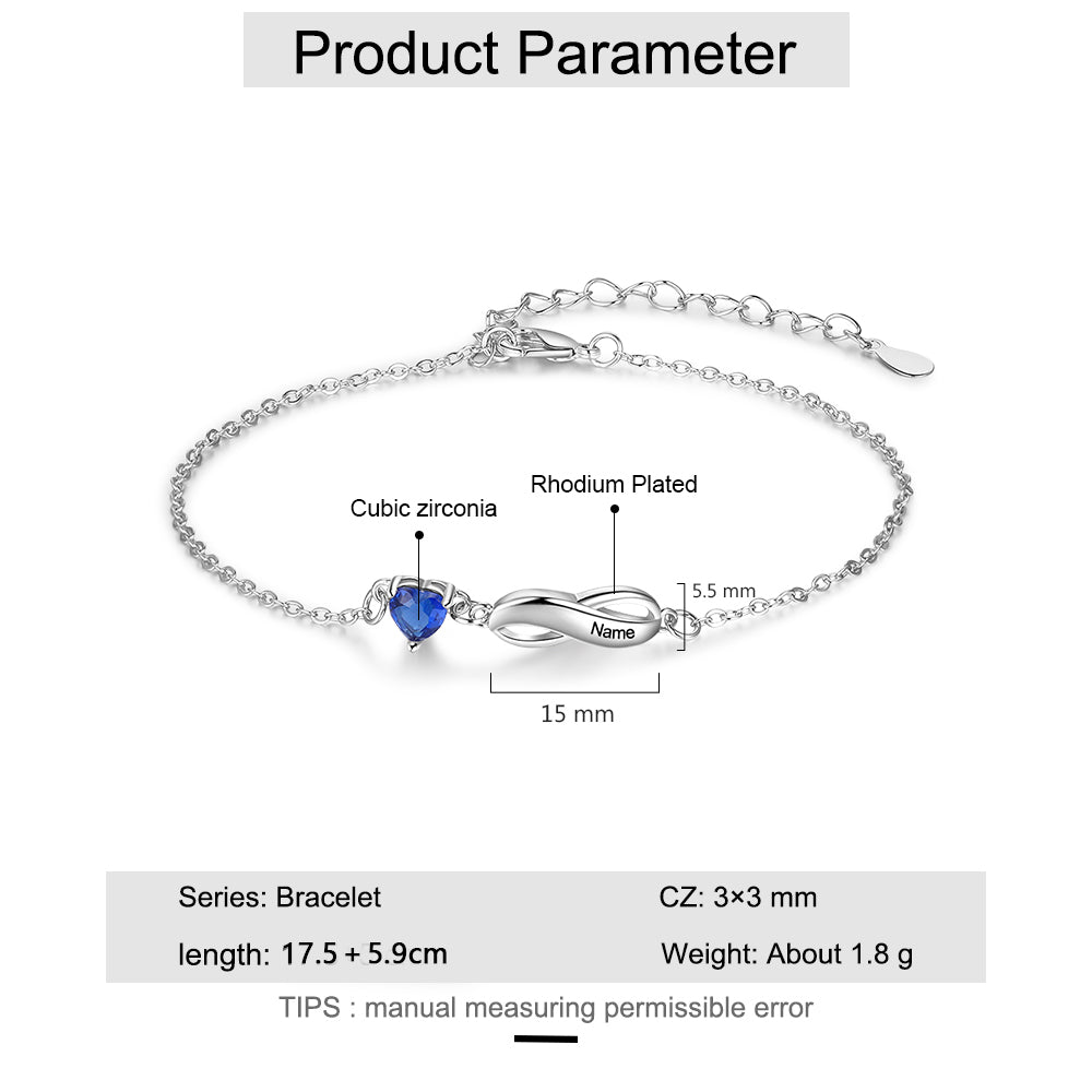 Bracelet Infini à Breloque Cœurs 1-7 Prénom Personnalisé avec 1-7 Pierre de Naissance pour Femme