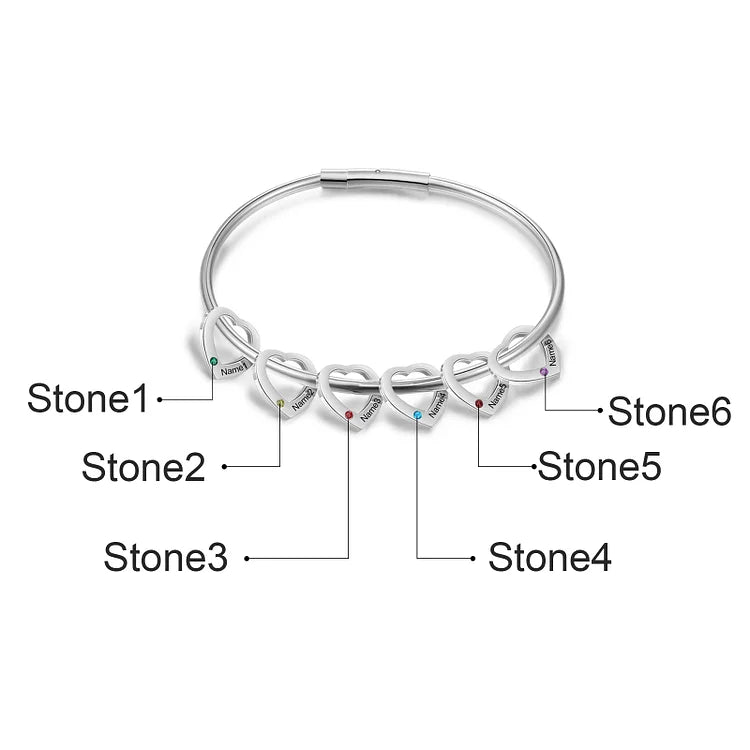 Bracelet Jonc 2-6 Prénoms Personnalisés avec 2-6 Pierres de Naissance