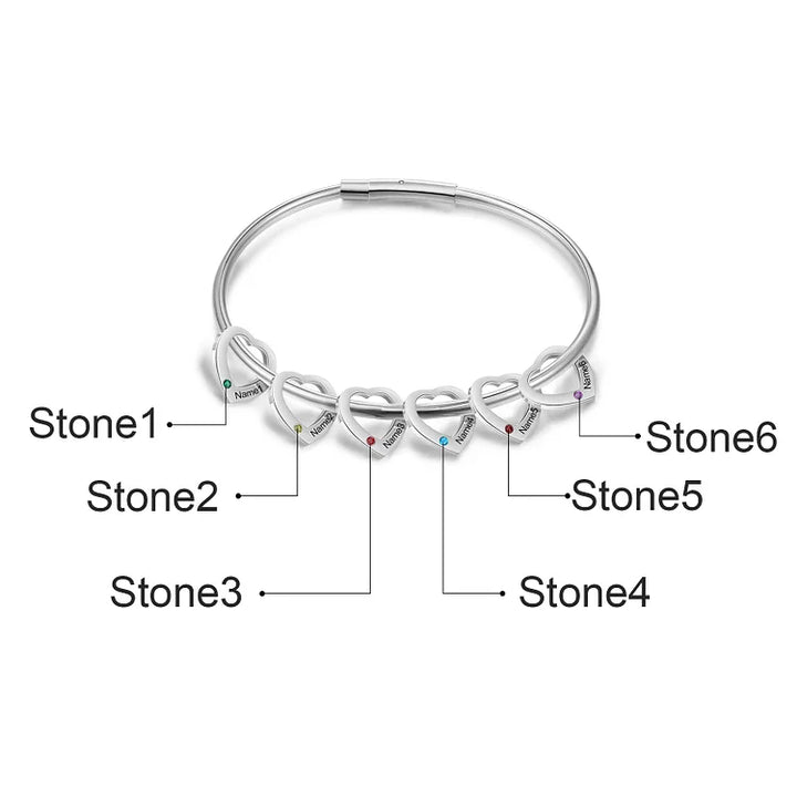 Bracelet Jonc 2-6 Prénoms Personnalisés avec 2-6 Pierres de Naissance