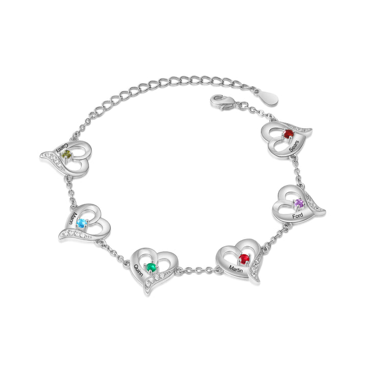 Bracelet Cœur gravé 1-7 Prénoms Personnalisés avec 1-7 Pierres de Naissance