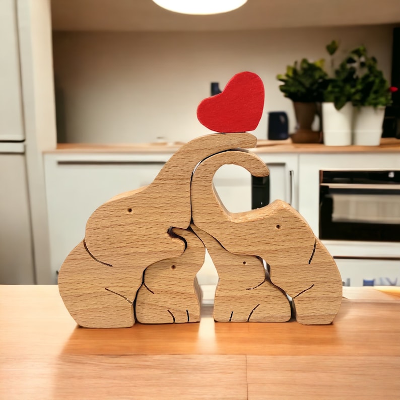 Puzzle familial d'éléphants en bois avec 4 Prénoms Personnalisé