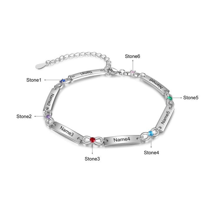 Bracelet infini 1-6 Prénoms Personnalisé avec 1-6 Pierres de Naissance