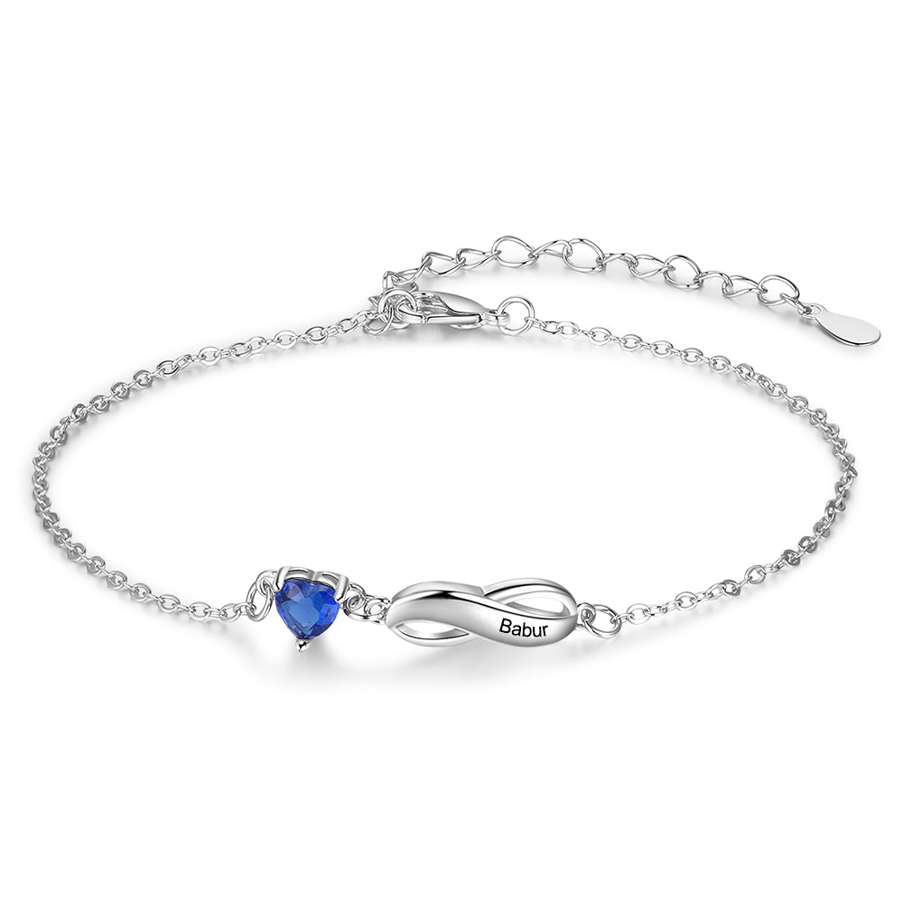 Bracelet Infini à Breloque Cœurs 1-7 Prénom Personnalisé avec 1-7 Pierre de Naissance pour Femme