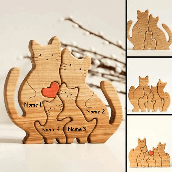 2-10 Prénoms🐱Puzzle familial de chats en bois